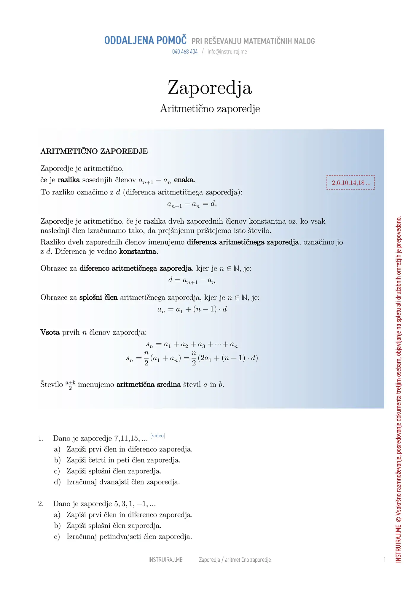 Zaporedja: Aritmetično zaporedje