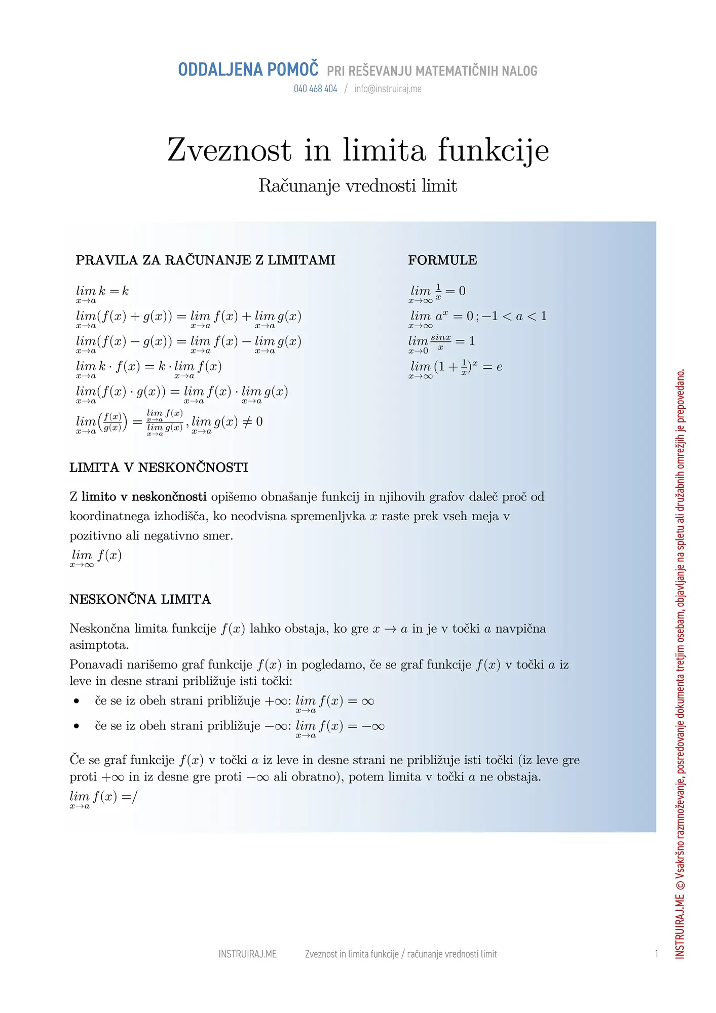 Zveznost in limita funkcije: Računanje vrednosti limit