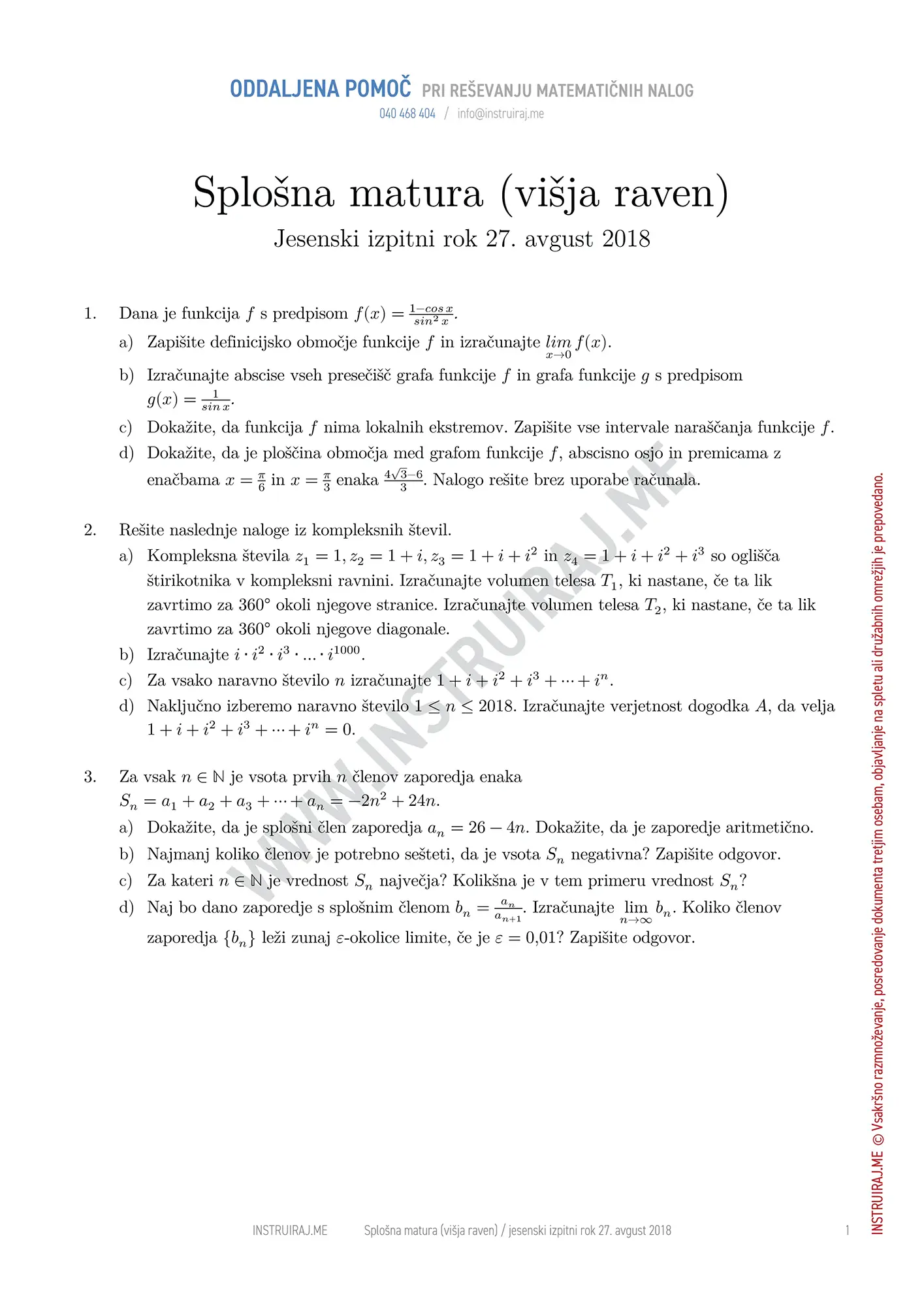 Splošna matura VR, jesenski izpitni rok 27. avgust 2018
