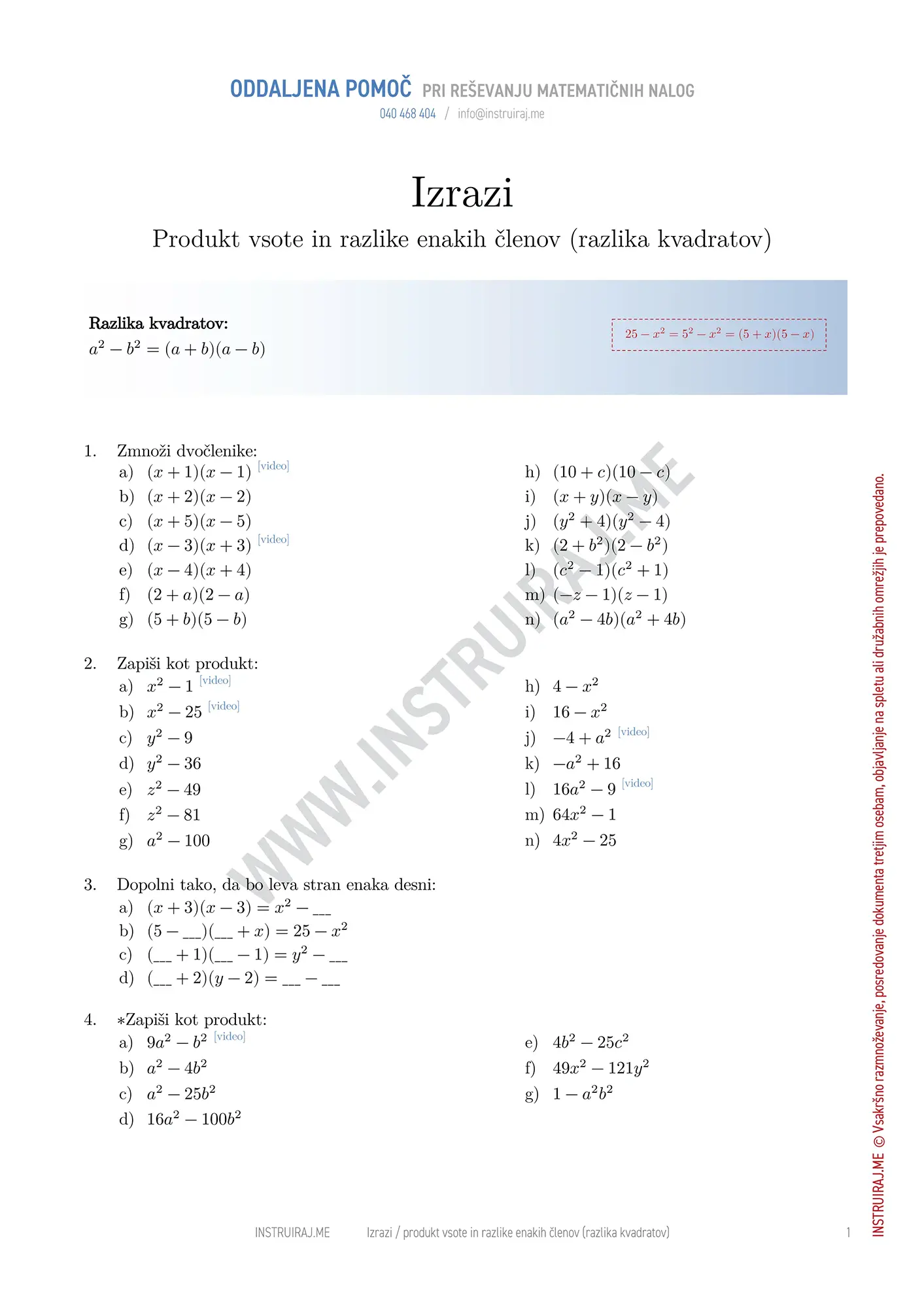 Produkt vsote in razlike enakih členov